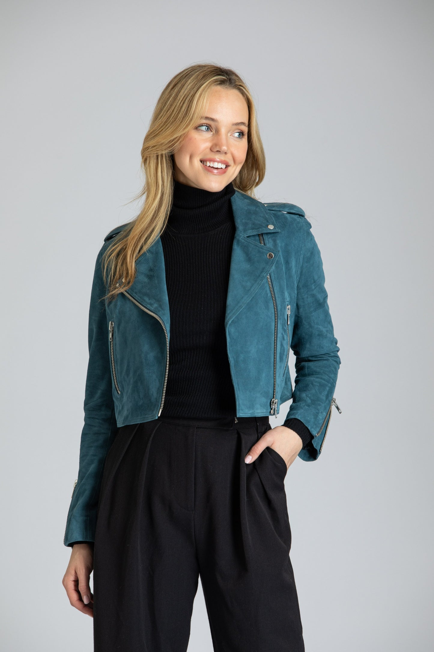 Cropped Goat Suede Jacket With Zipper Detail - Petrol Blue