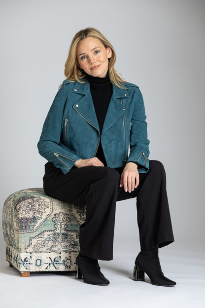 Cropped Goat Suede Jacket With Zipper Detail - Petrol Blue