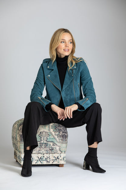 Cropped Goat Suede Jacket With Zipper Detail - Petrol Blue