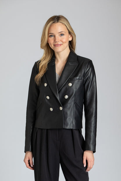 Double Breasted Cropped Jacket With Crest Buttons - Black