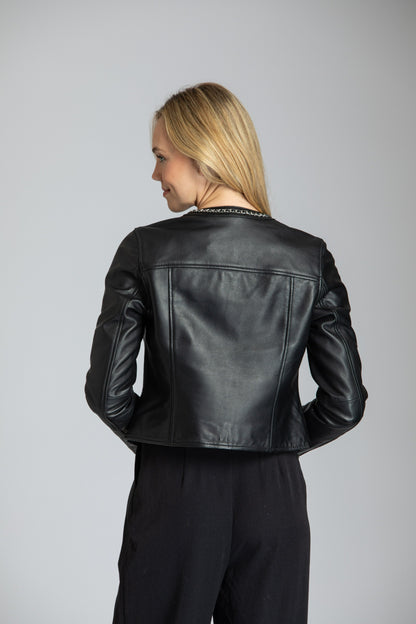 Chain Detail Leather Jacket - Black