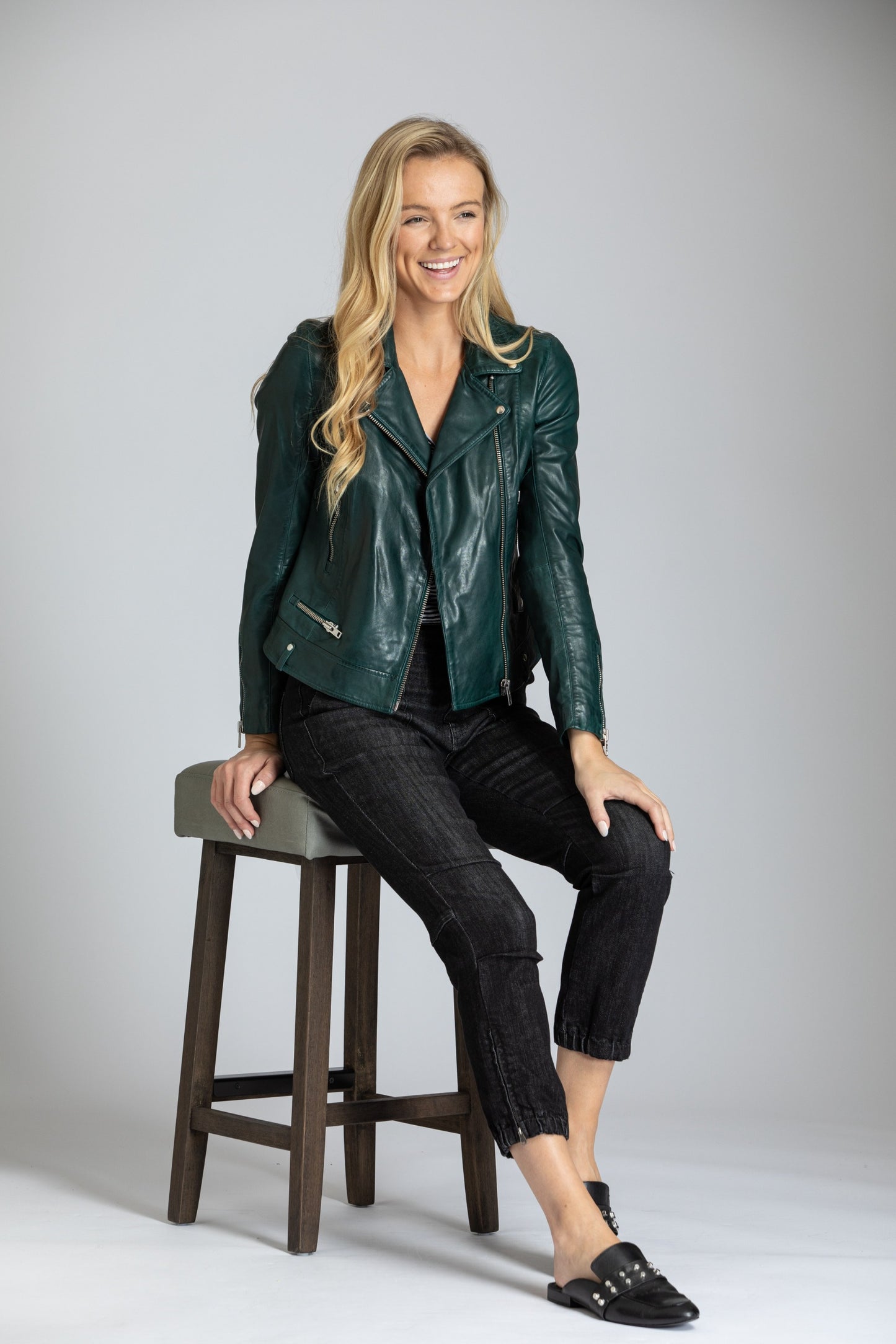 Classic Moto Jacket In Lamb Nappa - Green Vinyl