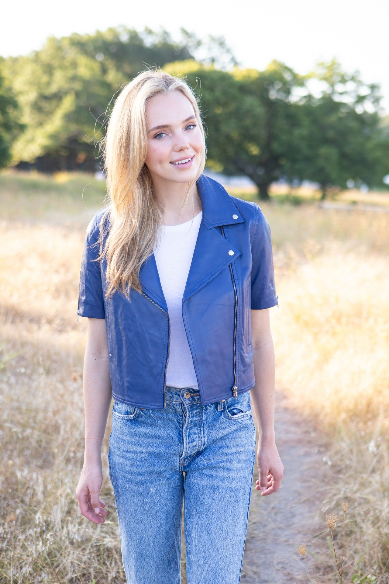 Cropped Lamb Leather Jacket With Short Sleeves