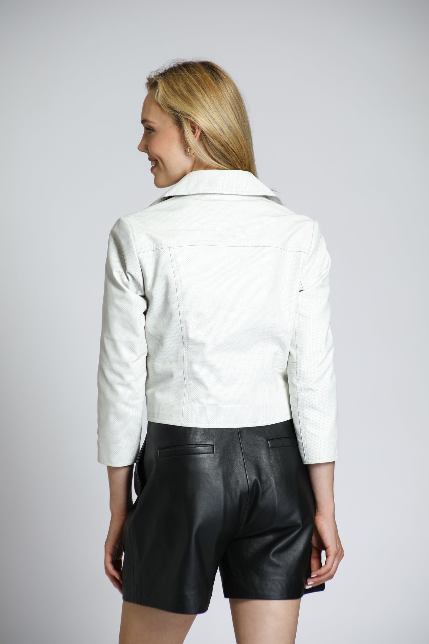 Perforated Lamb Leather Moto Jacket With 3/4 Sleeves