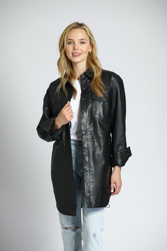 Snap Up Shirt Dress In Lamb Leather