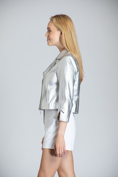 Perforated Lamb Leather Moto Jacket With 3/4 Sleeves - Silver