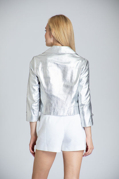 Perforated Lamb Leather Moto Jacket With 3/4 Sleeves - Silver