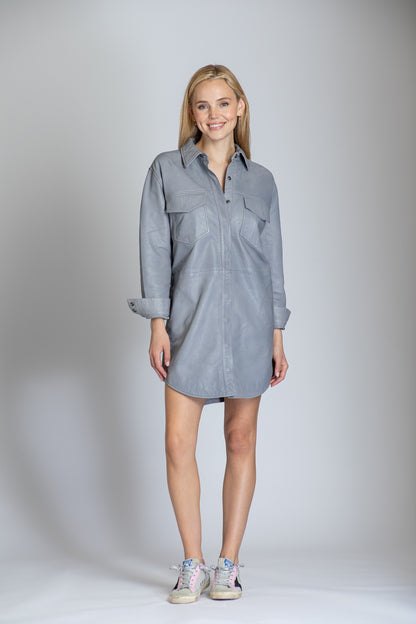 Snap Up Shirt Dress In Lamb Leather