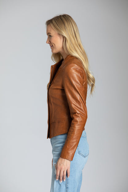 Collarless Lamb Leather Zip Up Jacket