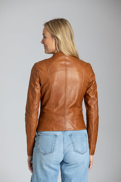 Collarless Lamb Leather Zip Up Jacket