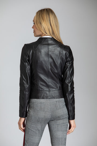 Collarless Lamb Leather Zip Up Jacket