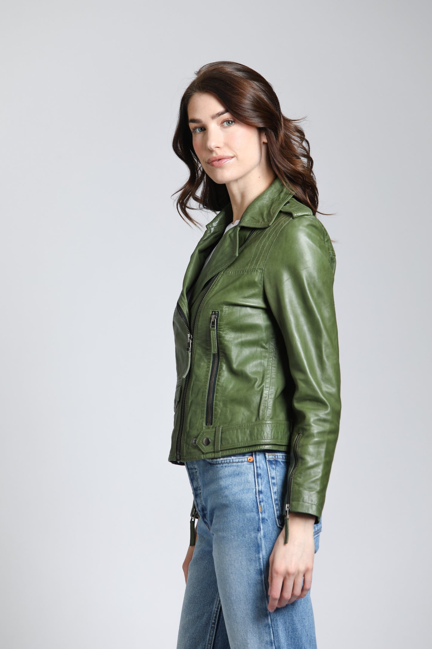 Moto Jacket With Multi Stitch Detail - Bronze Green