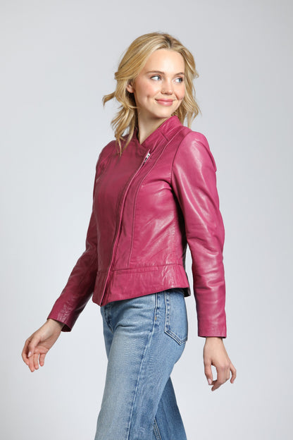 Collarless Lamb Leather Zip Up Jacket