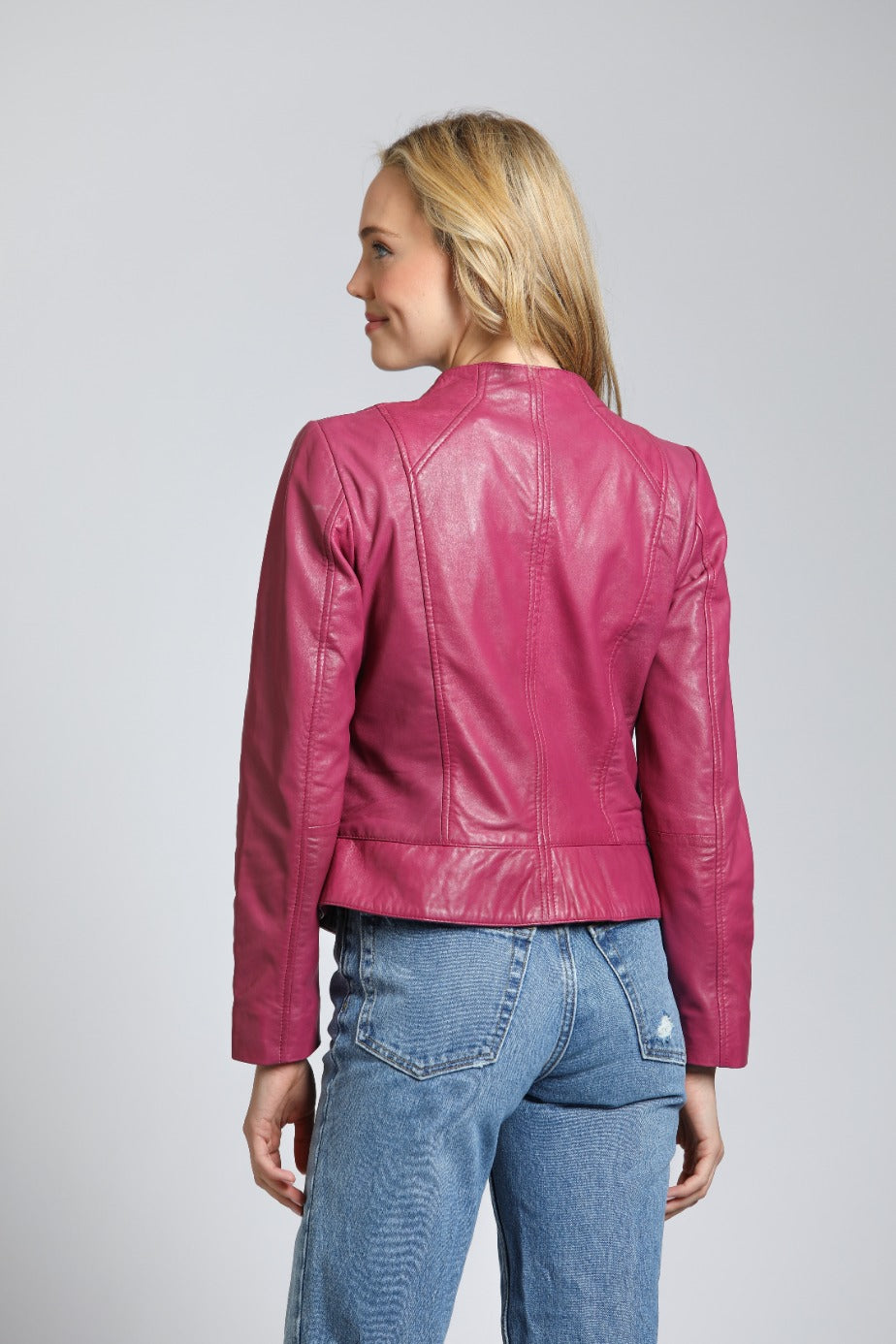 Collarless Lamb Leather Zip Up Jacket