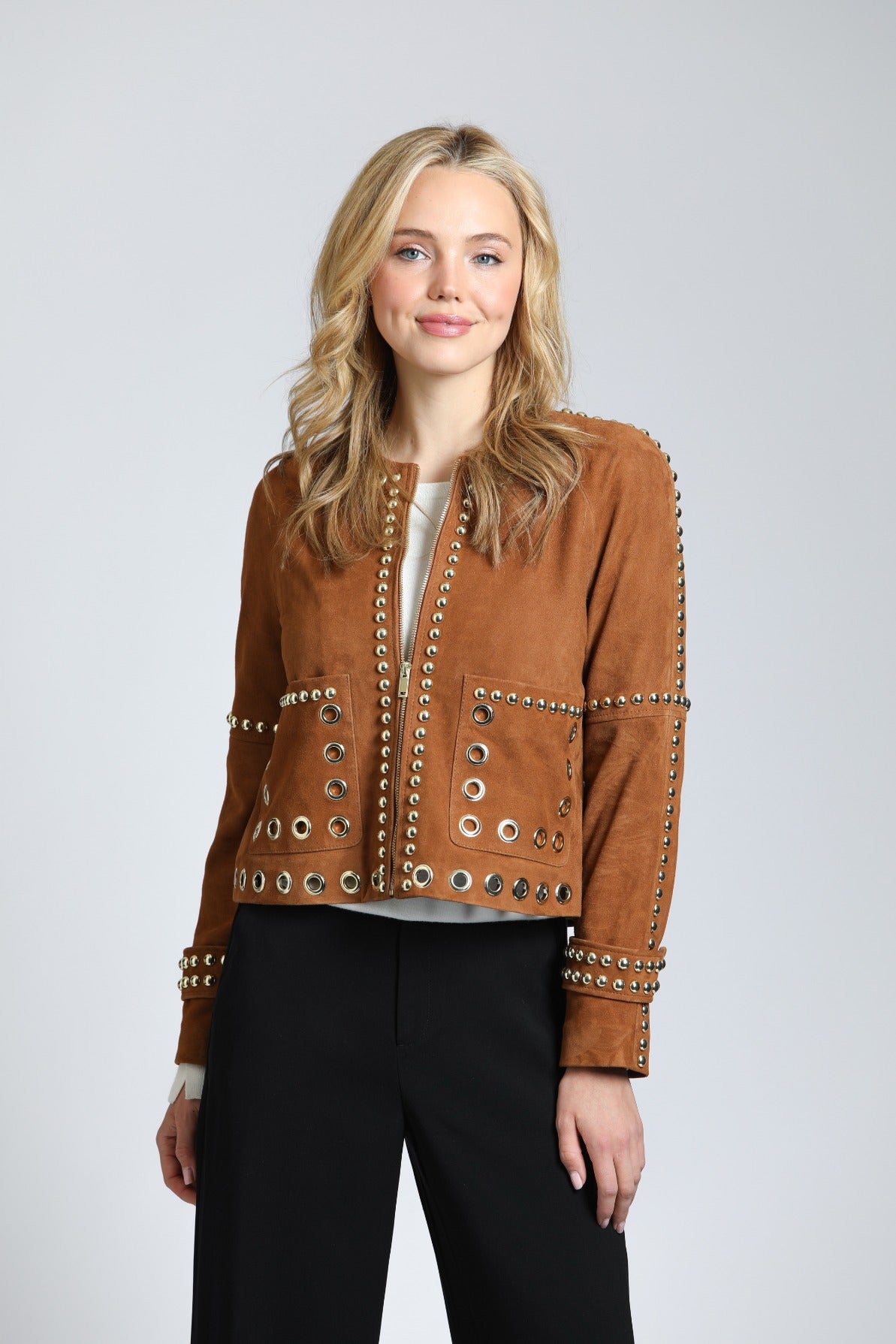 Goat Suede Jacket With Gold Grommet & Stud Detail - Cognac