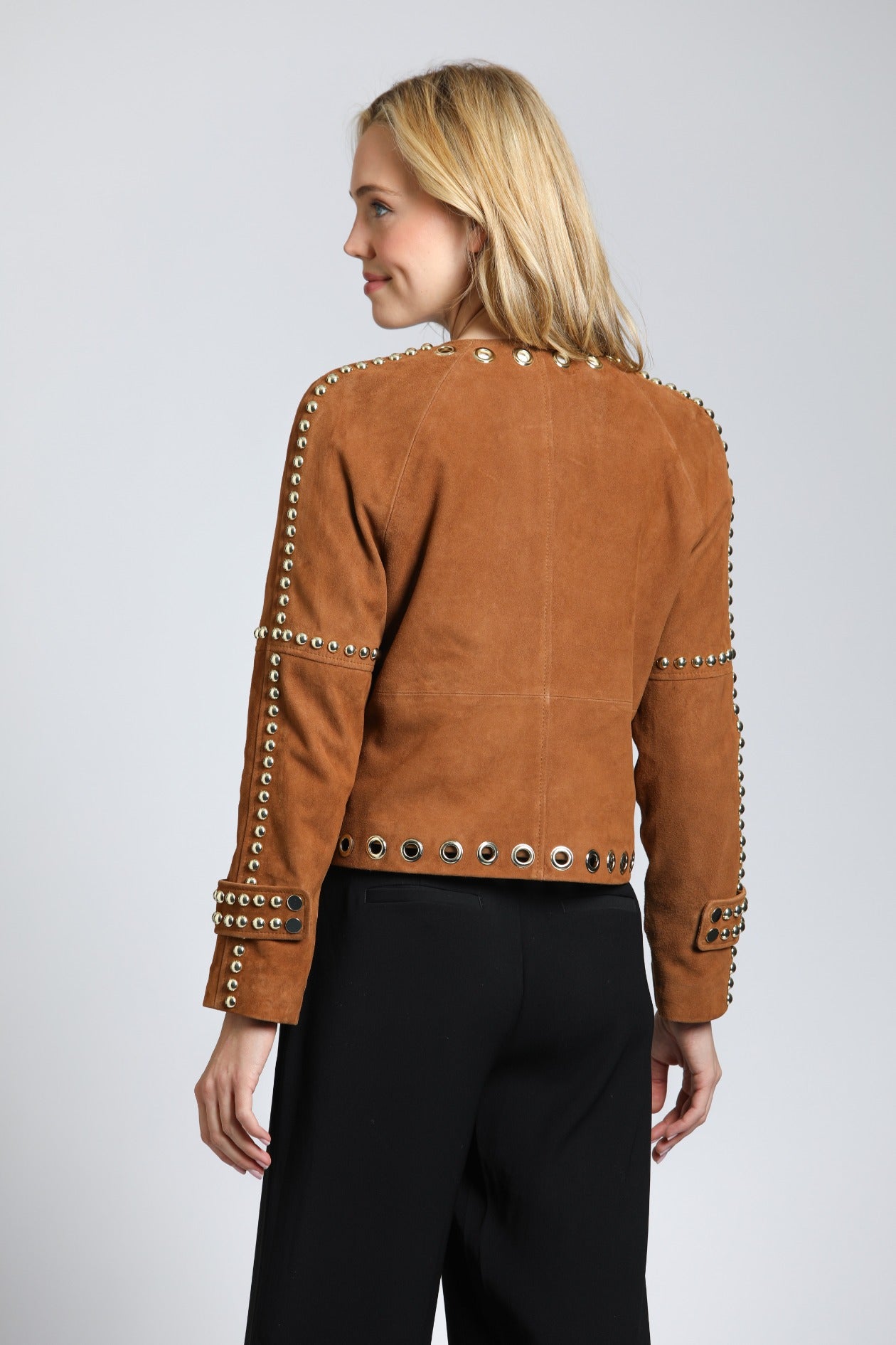 Goat Suede Jacket With Gold Grommet & Stud Detail - Cognac