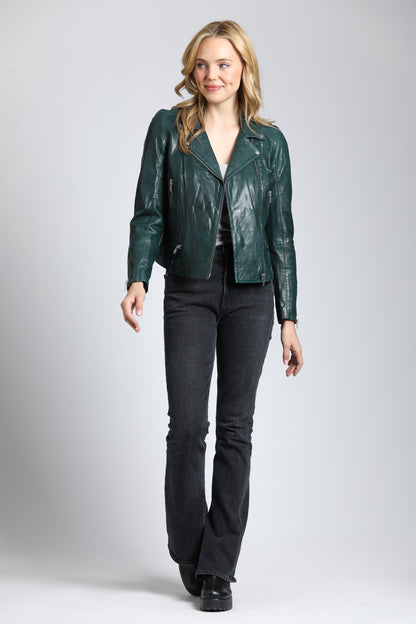 Classic Moto Jacket In Lamb Nappa - Green Vinyl