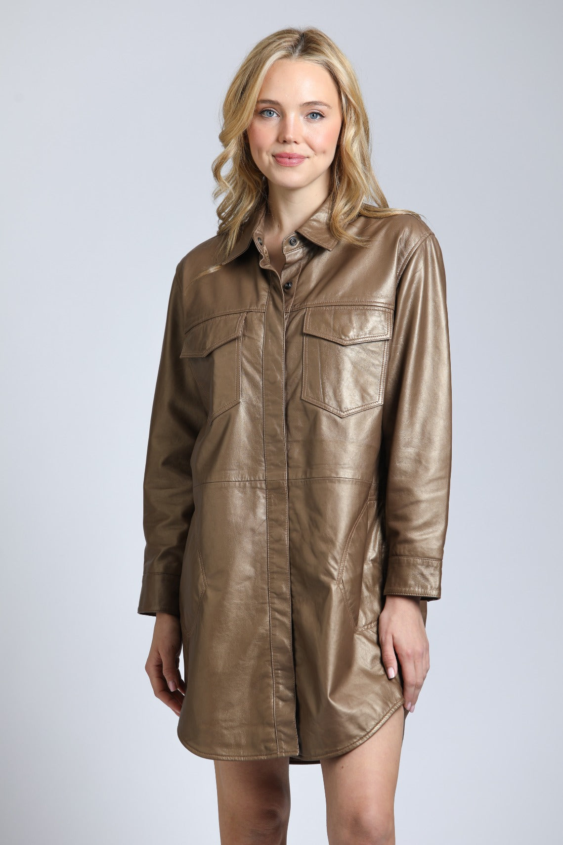 Snap Up Shirt Dress In Lamb Leather