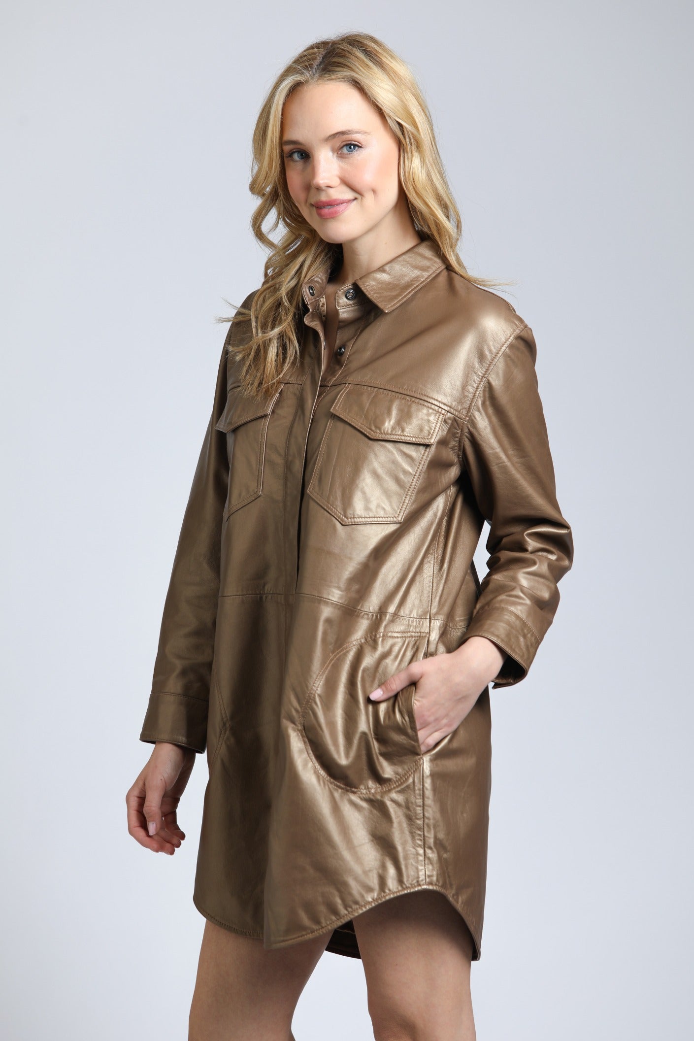 Snap Up Shirt Dress In Lamb Leather