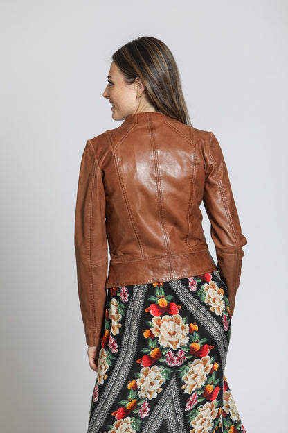 Collarless Lamb Leather Zip Up Jacket