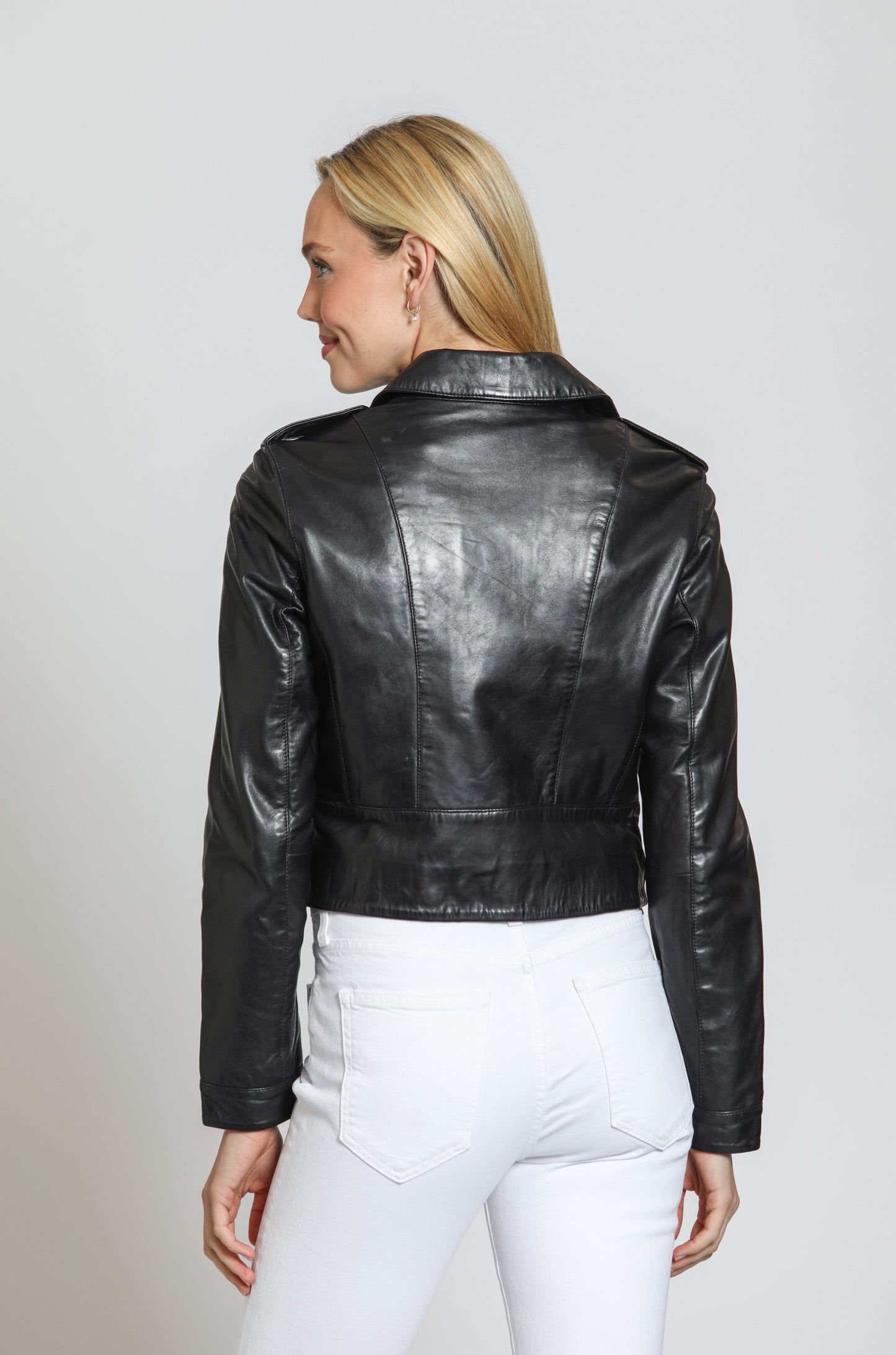 Cropped Washed & Waxed Leather Jacket - Black