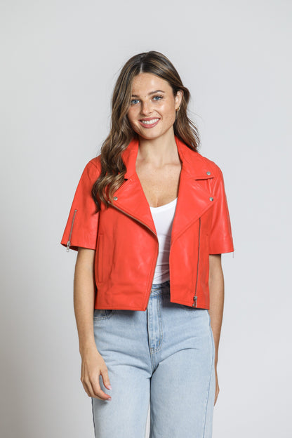 Cropped Lamb Leather Jacket With Short Sleeves