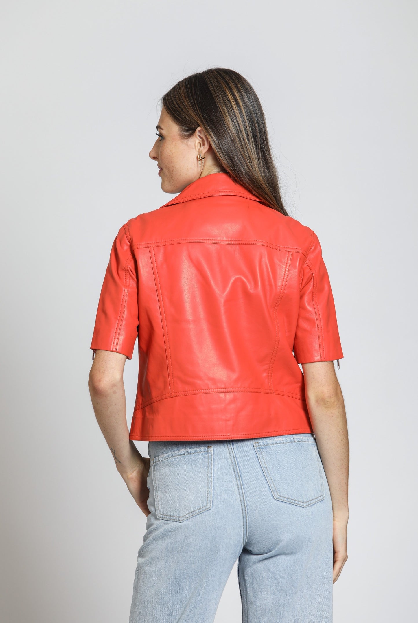 Cropped Lamb Leather Jacket With Short Sleeves