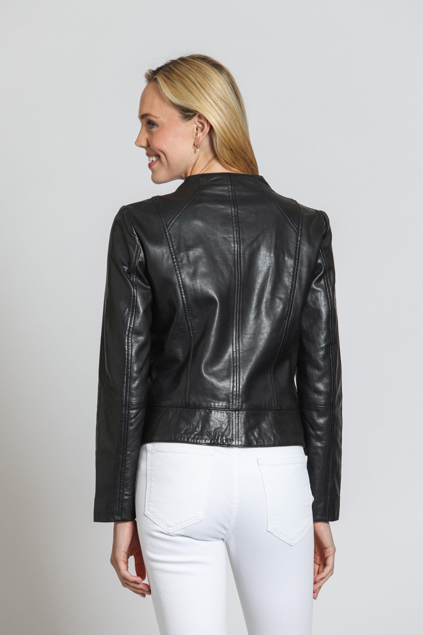 Collarless Lamb Leather Zip Up Jacket