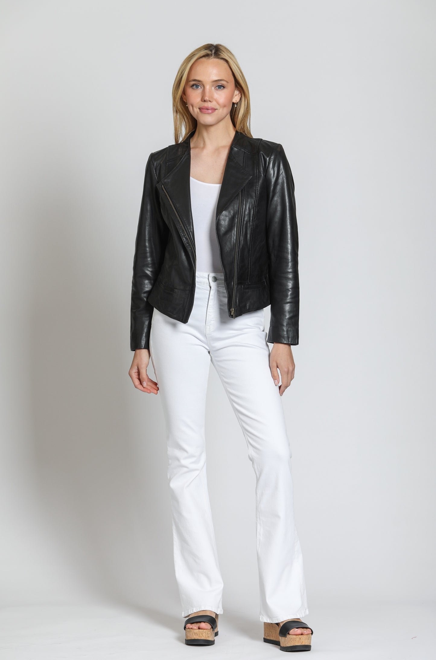 Collarless Lamb Leather Zip Up Jacket