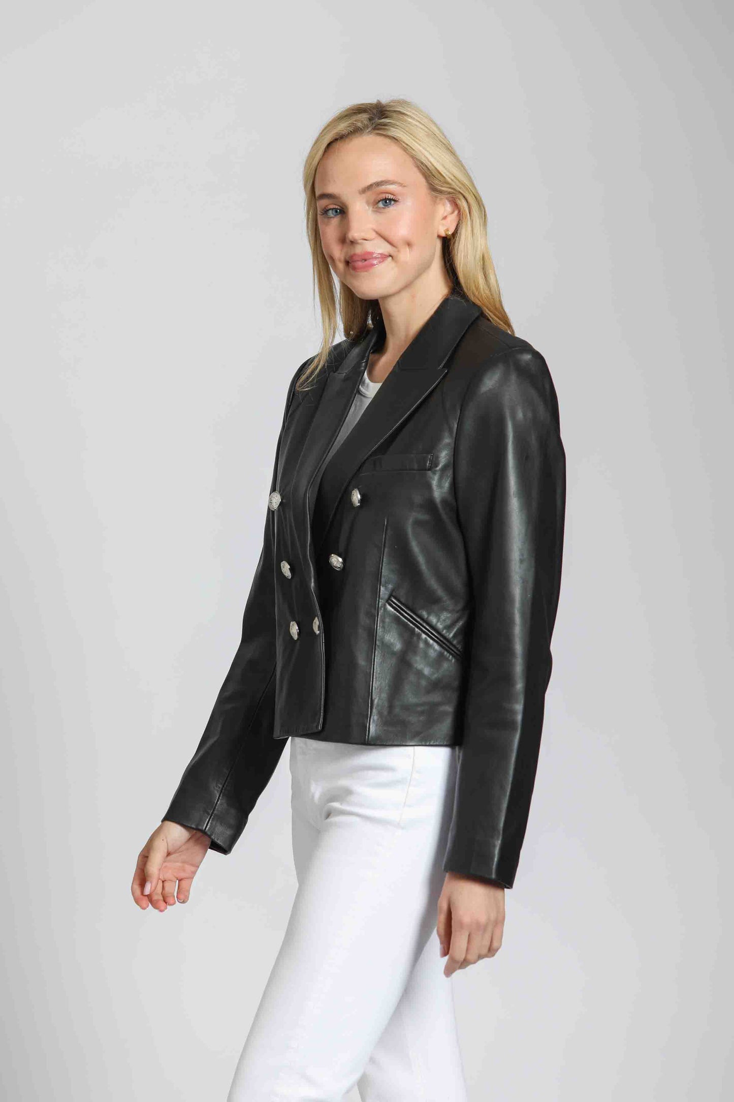 Double Breasted Cropped Jacket With Crest Buttons - Black