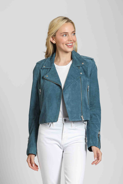 Cropped Goat Suede Jacket With Zipper Detail - Petrol Blue