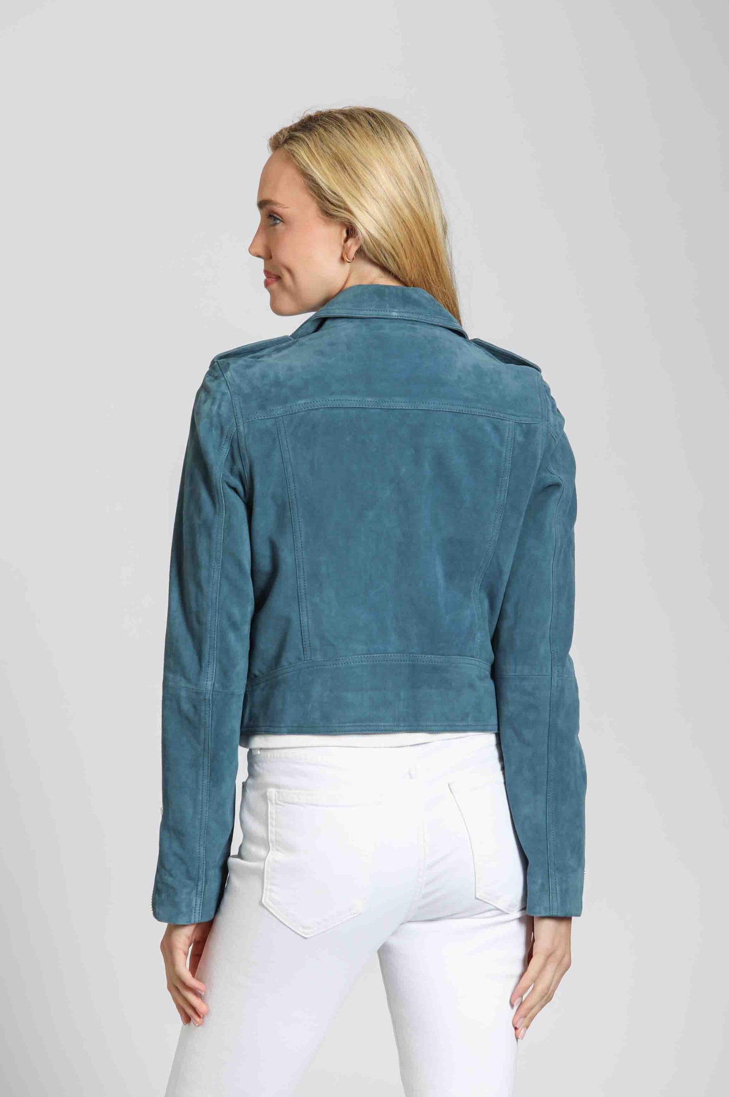 Cropped Goat Suede Jacket With Zipper Detail - Petrol Blue