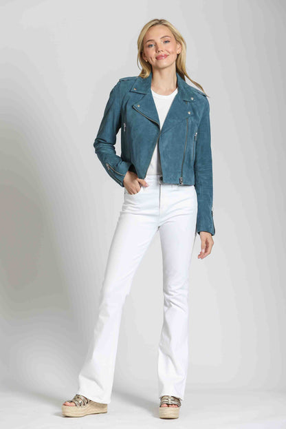 Cropped Goat Suede Jacket With Zipper Detail - Petrol Blue