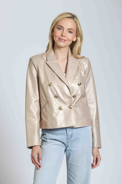 Double Breasted Cropped Jacket With Crest Buttons - Pale Gold