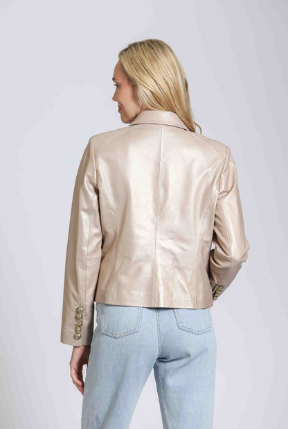 Double Breasted Cropped Jacket With Crest Buttons - Pale Gold