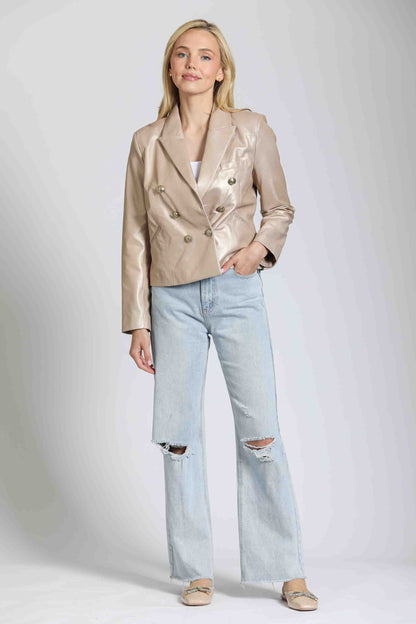 Double Breasted Cropped Jacket With Crest Buttons - Pale Gold