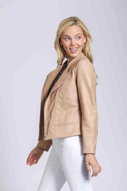 Collarless Lamb Leather Zip Up Jacket