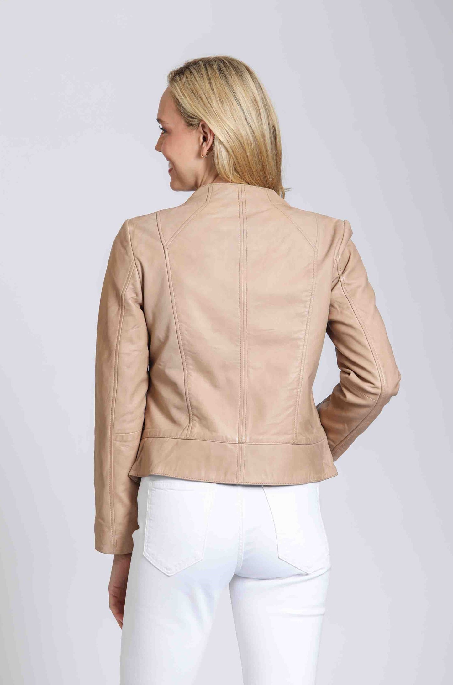 Collarless Lamb Leather Zip Up Jacket